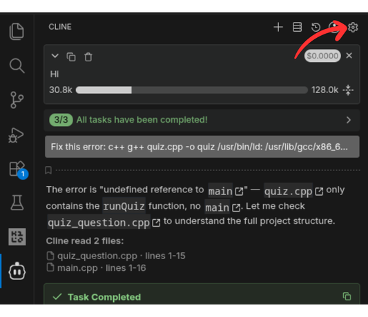 Open the Cline sidebar panel, then click the gear icon at the top to access provider settings