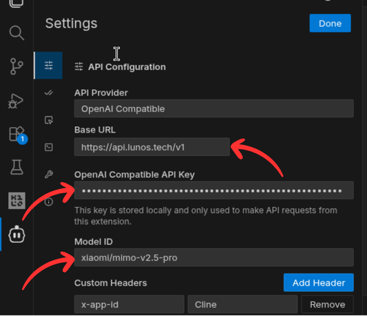 Enter the Lunos base URL, paste your API key, and type the model ID you want to use
