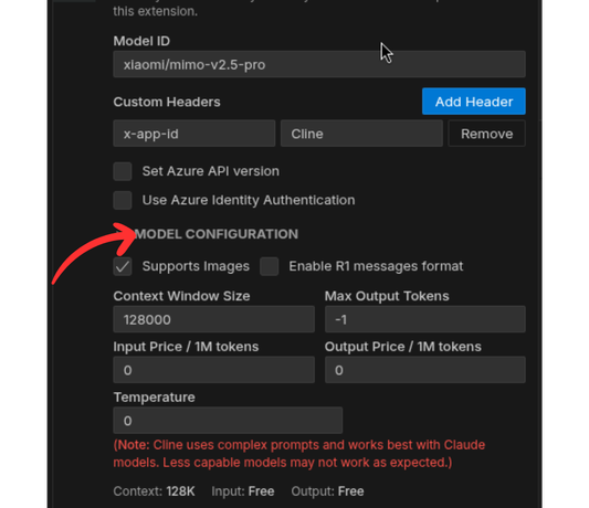 Expand Model Configuration to set context window, max tokens, and enable image support
